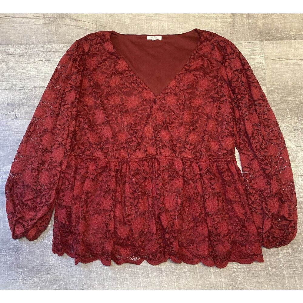 Maurices Woman’s 3X Red Lined Lace Gathered Waist Long Sleeve Blouse